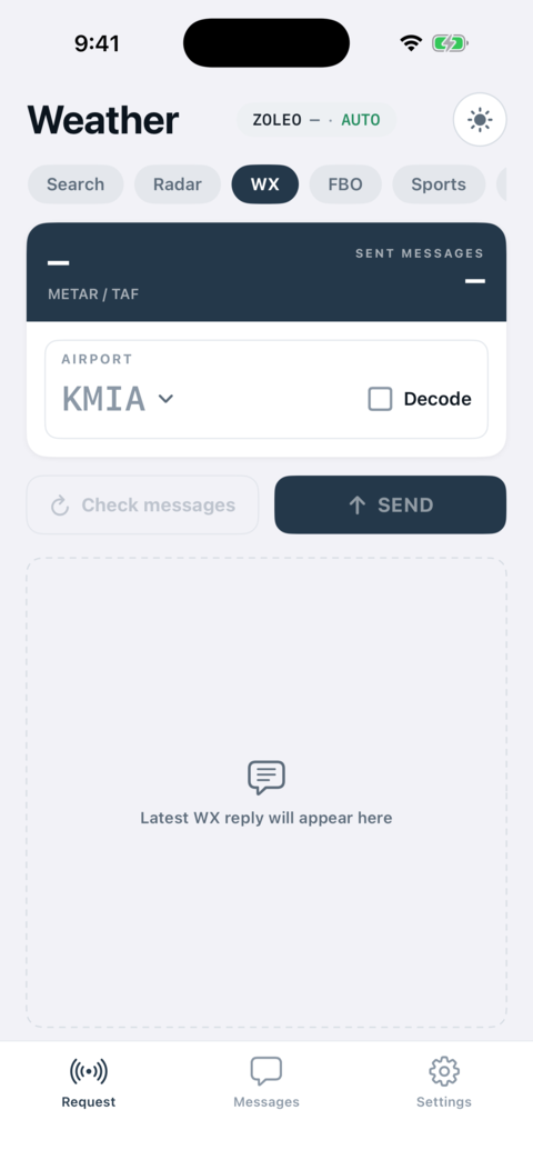 BlipSat app weather request screen on iPhone