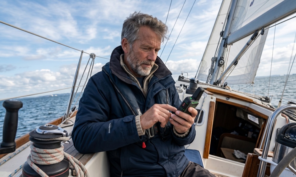 Sailor checking the forecast on a satellite communicator offshore