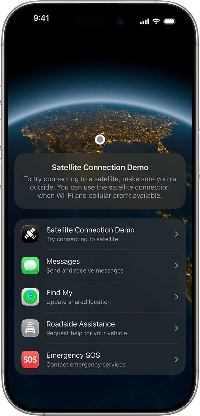 iPhone satellite connection screen, with Messages available over satellite