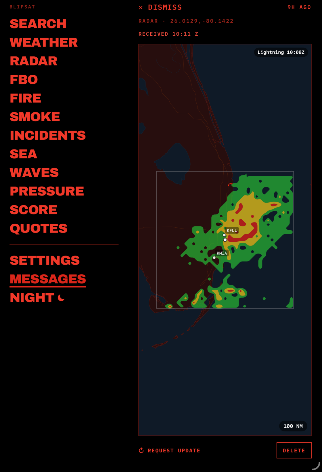BlipSat radar map in red night mode